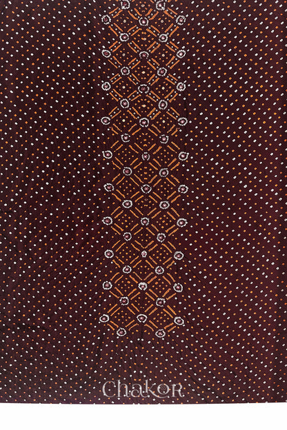 Full fabric panel of Maroon mulberry silk Bandhani (Rai Bandhej) with all-over white and yellow dots and a traditional border with zari embroidered pink mirror work & sequins embellishments – CHAKOR.

