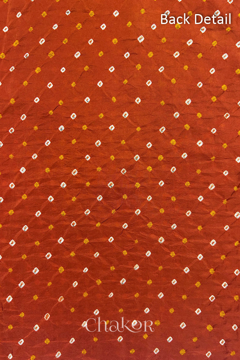 Back detail of Rusty Orange mulberry silk Bandhani (Rai Bandhej) fabric with white tie-dye dots in an all-over pattern – CHAKOR.
