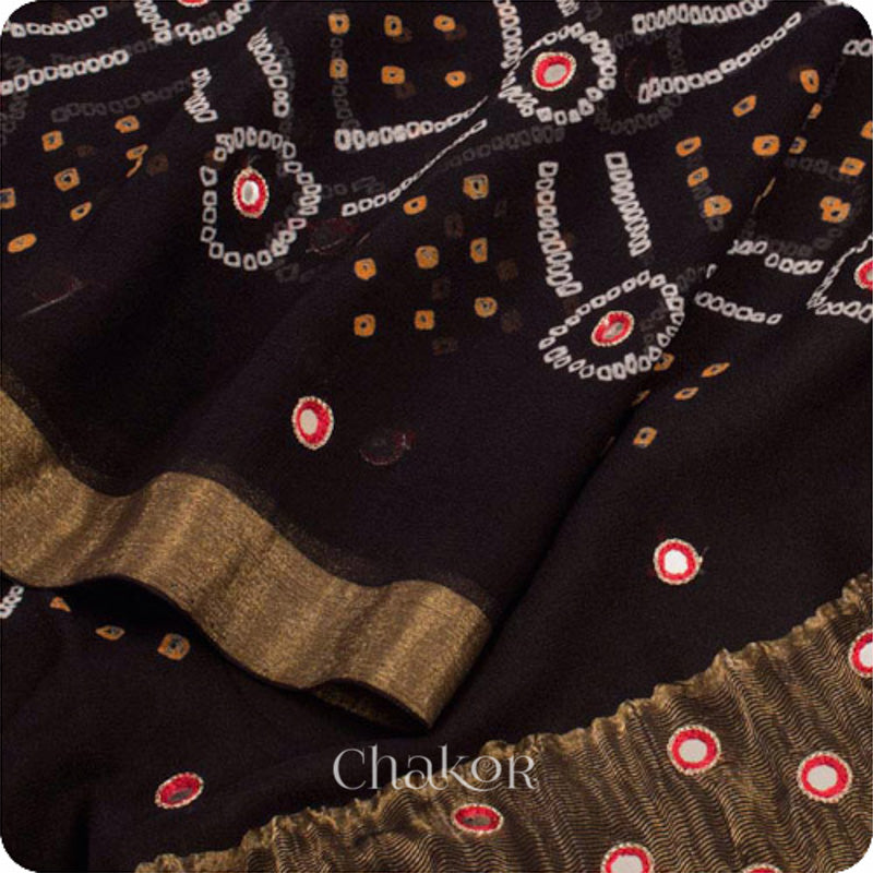 Chakor's traditional Black bandhani pure georgette silk saree with embroidery