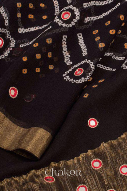 Chakor's traditional Black bandhani pure georgette silk saree with embroidery
