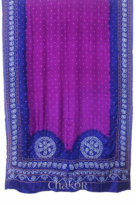 Chakor's traditional Magenta Navy bandhani embroidered mulberry silk saree.