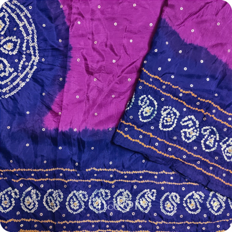 Chakor's traditional Magenta Navy bandhani embroidered mulberry silk saree.