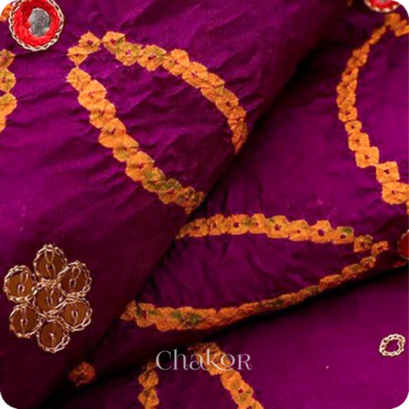 Chakor's traditional Purple bandhani embroidered mulberry silk saree.