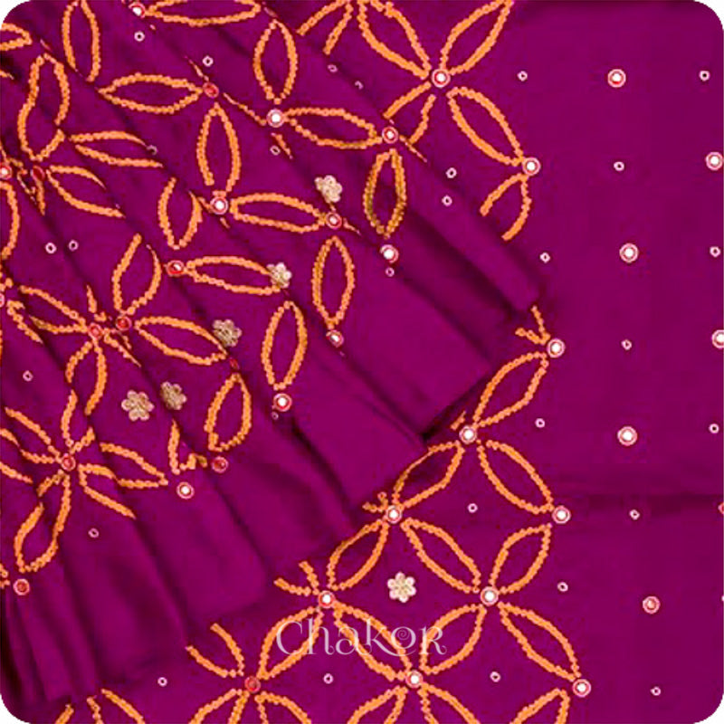 Chakor's traditional Purple bandhani embroidered mulberry silk saree.