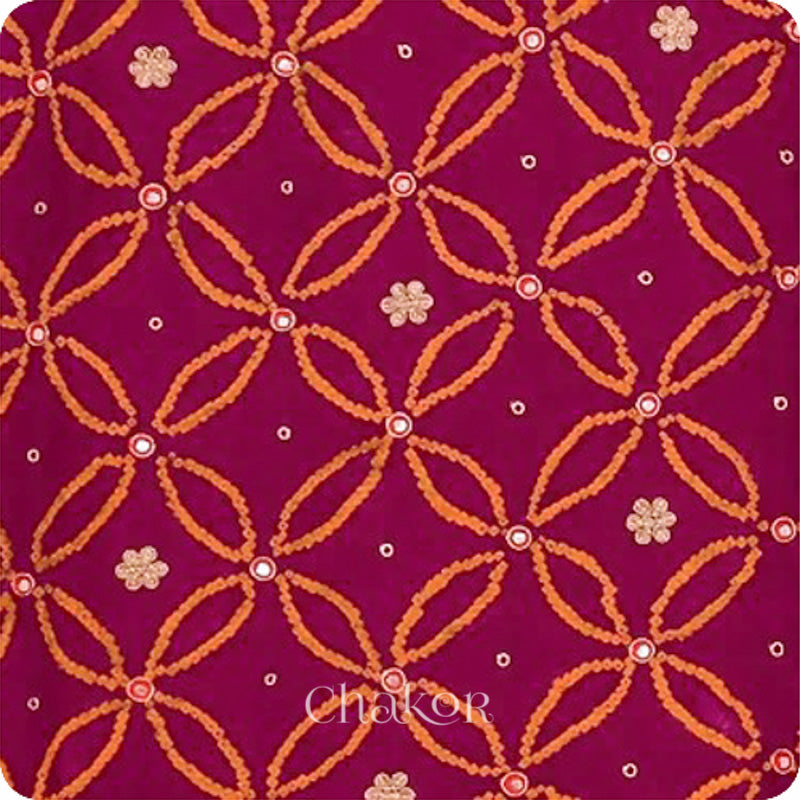 Chakor's traditional Purple bandhani embroidered mulberry silk saree.