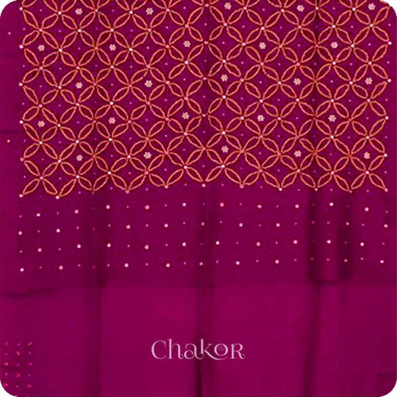 Chakor's traditional Purple bandhani embroidered mulberry silk saree.