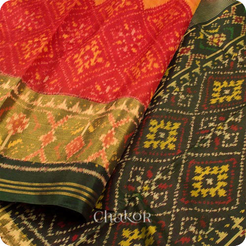 Orange Red Patola Mulberry Silk Saree