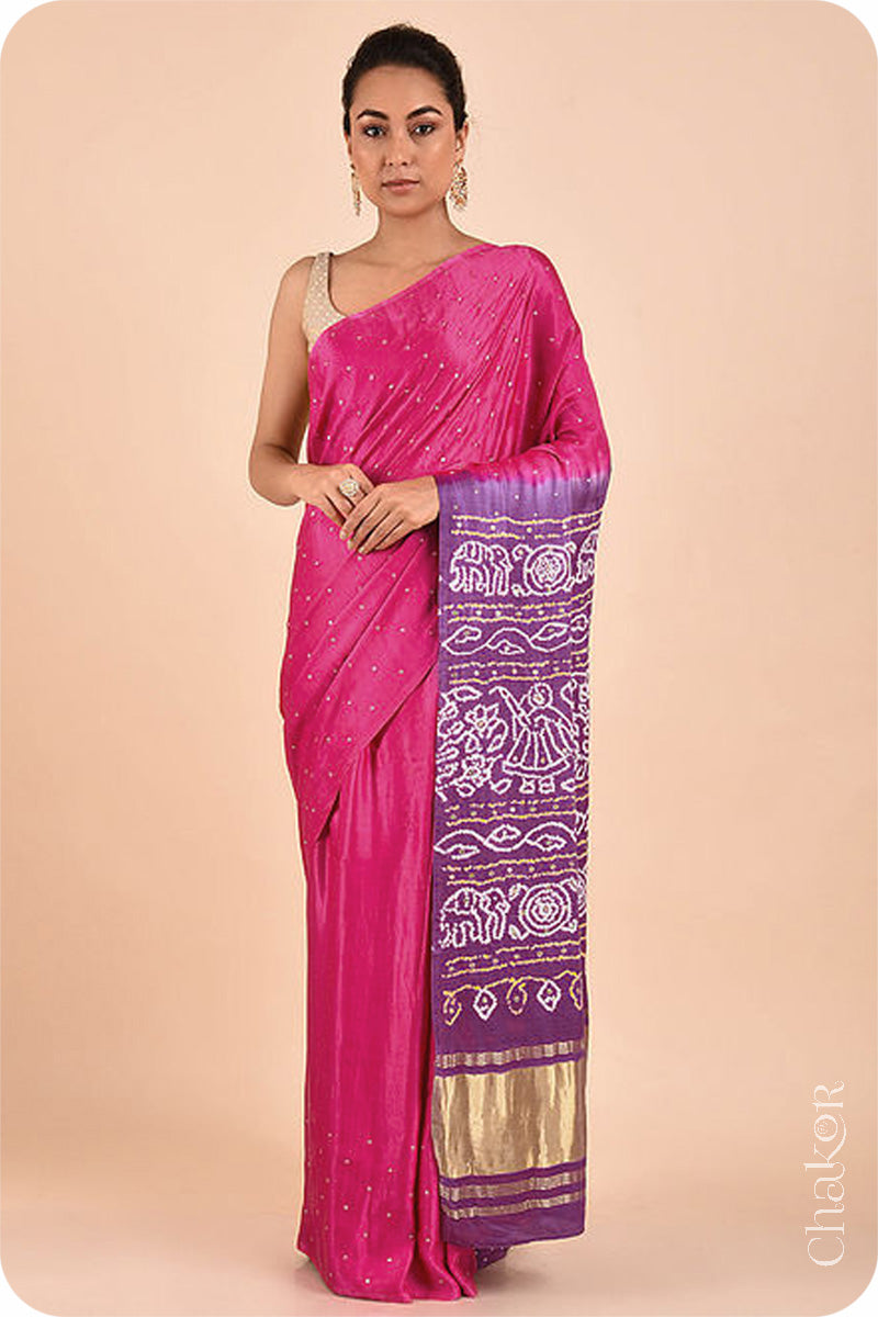 Chakor's traditional Pink Wine bandhani pure silk saree with embroidery