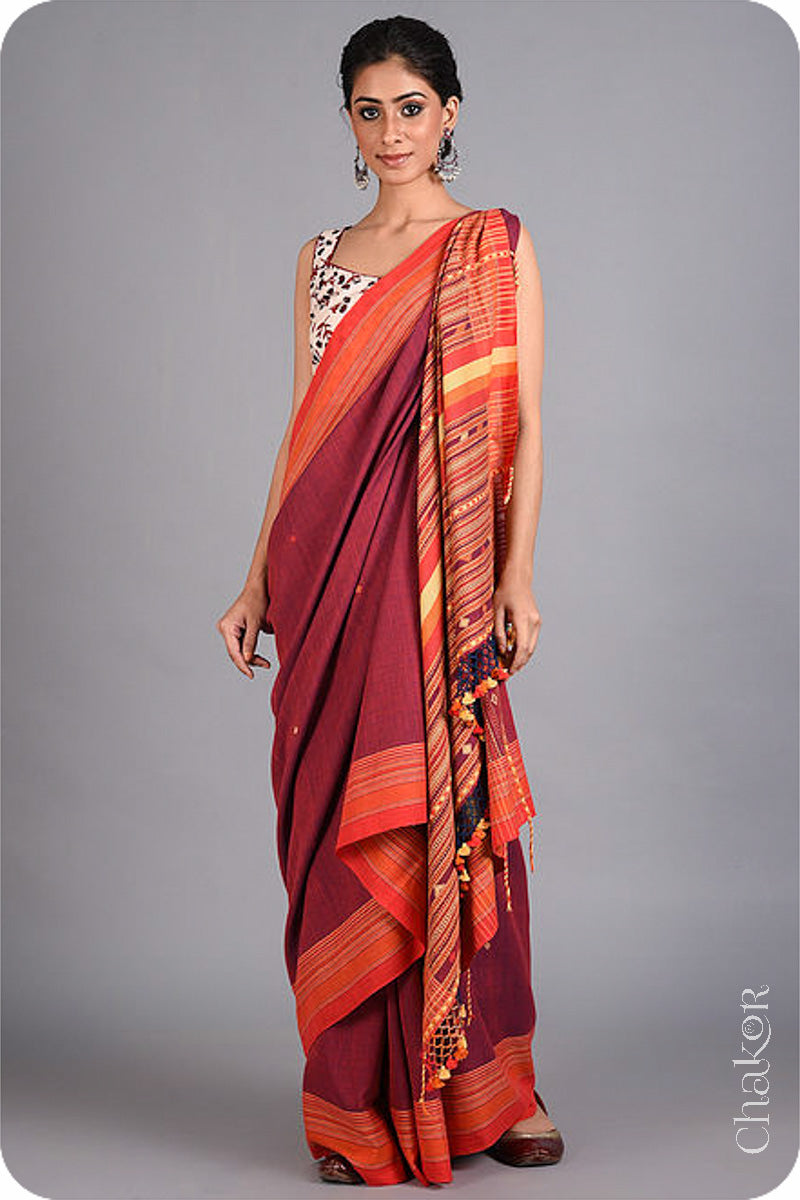 Handloom Maroon Bhujodi Cotton Saree by Chakor.