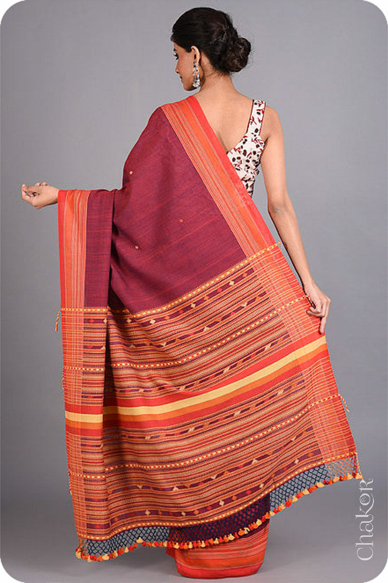 Handloom Maroon Bhujodi Cotton Saree by Chakor.