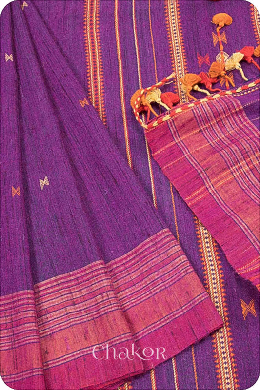 Handloom Purple Pink Bhujodi Tussar Silk Cotton Saree by Chakor.