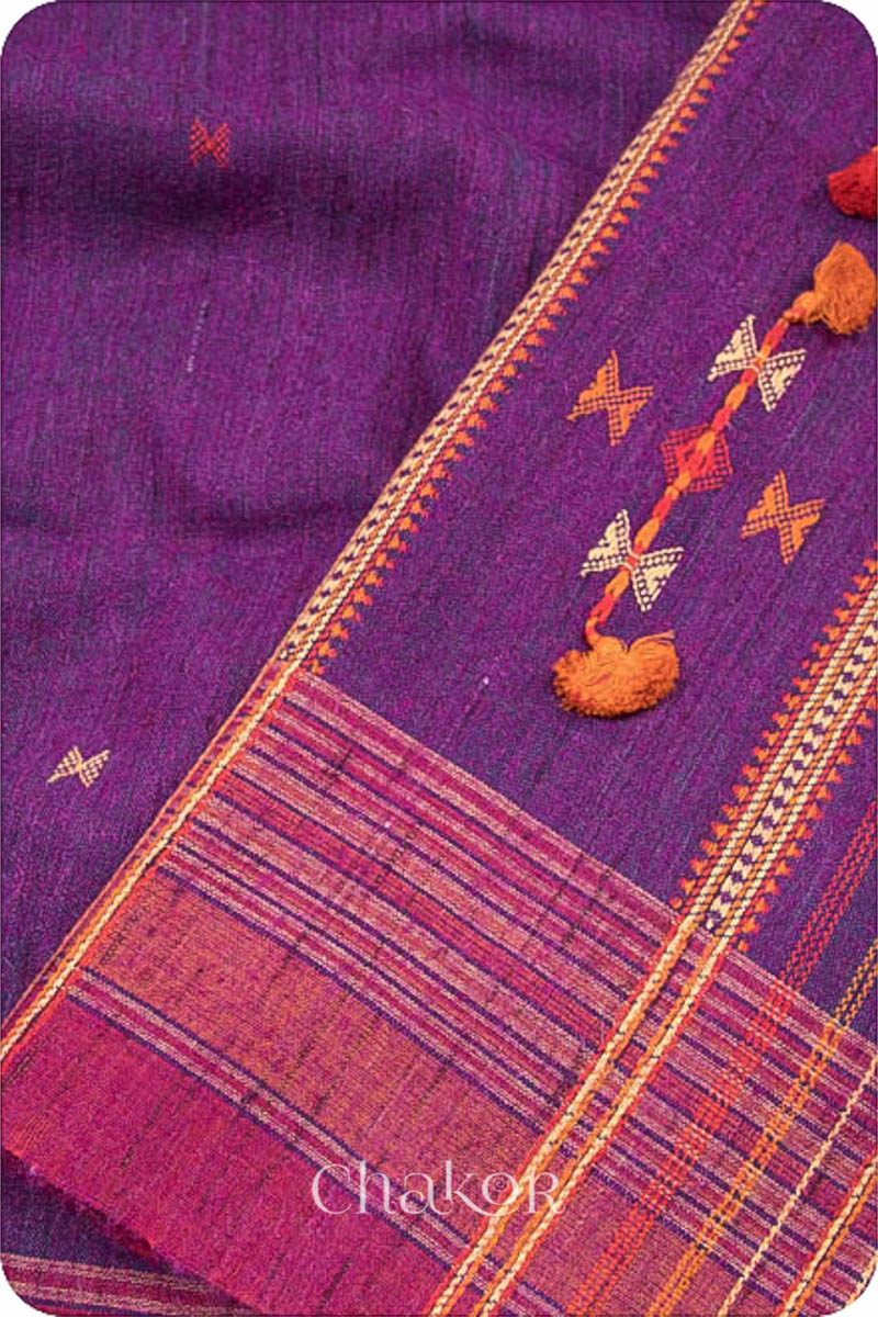 Handloom Purple Pink Bhujodi Tussar Silk Cotton Saree by Chakor.