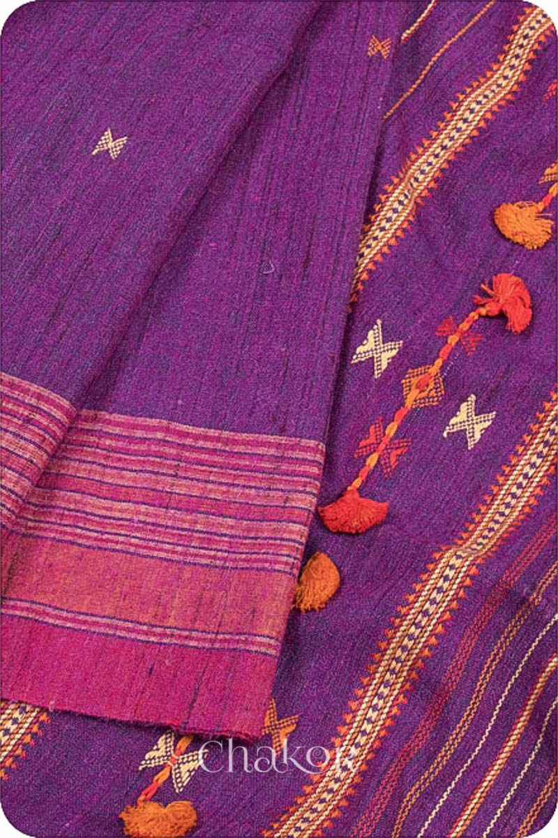 Handloom Purple Pink Bhujodi Tussar Silk Cotton Saree by Chakor.