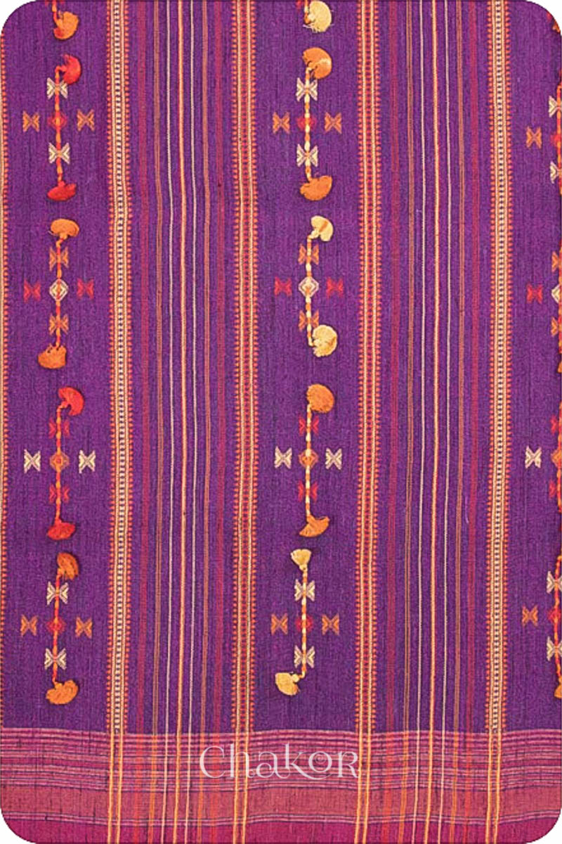 Handloom Purple Pink Bhujodi Tussar Silk Cotton Saree by Chakor.