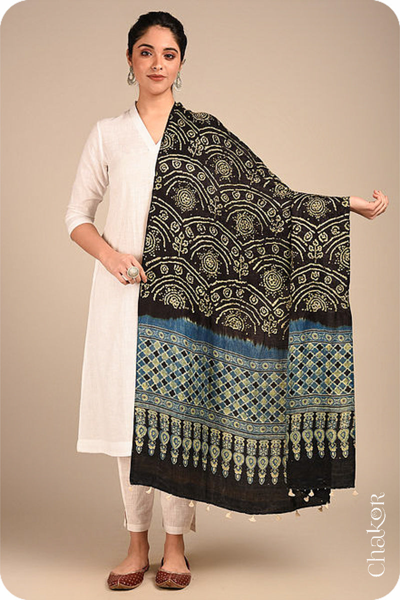 Black Indigo Bandhani Ajrakh Silk Dupatta