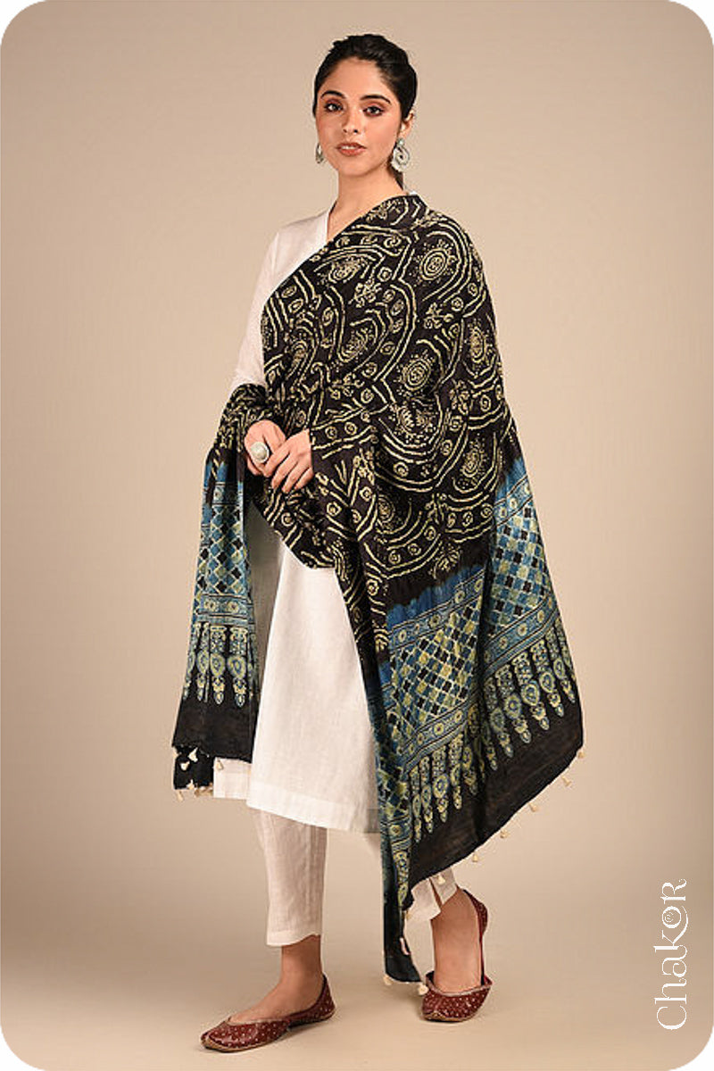 Black Indigo Bandhani Ajrakh Silk Dupatta