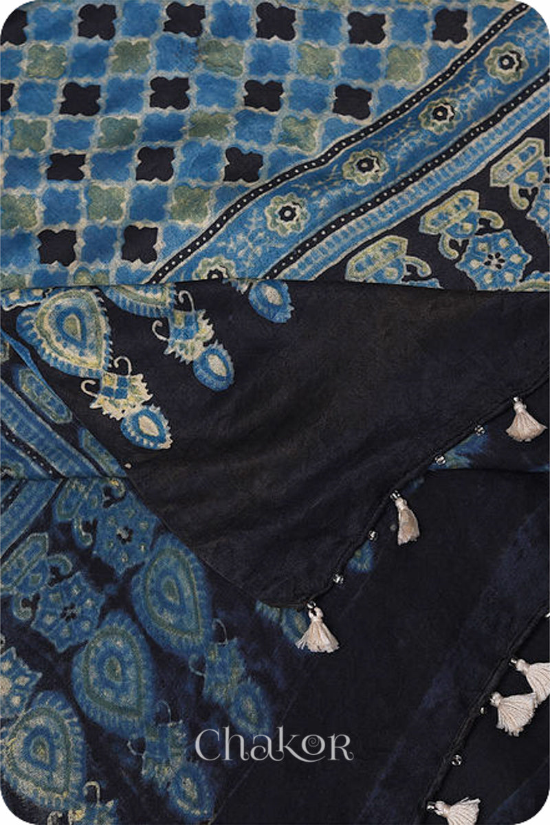 Black Indigo Bandhani Ajrakh Silk Dupatta