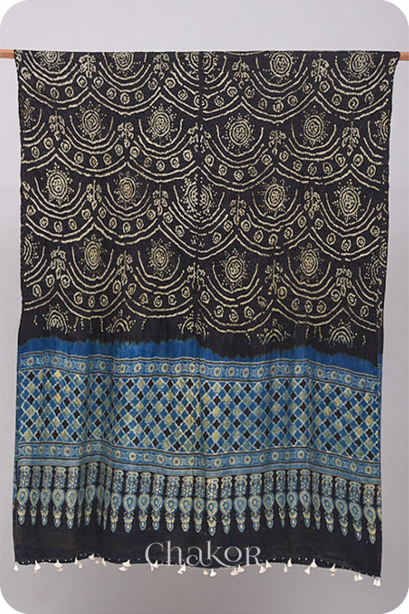 Black Indigo Bandhani Ajrakh Silk Dupatta