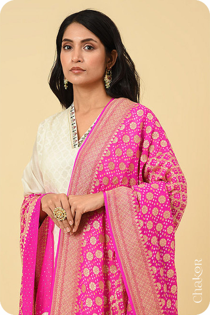 Pink Banarasi Silk Bandhani Dupatta