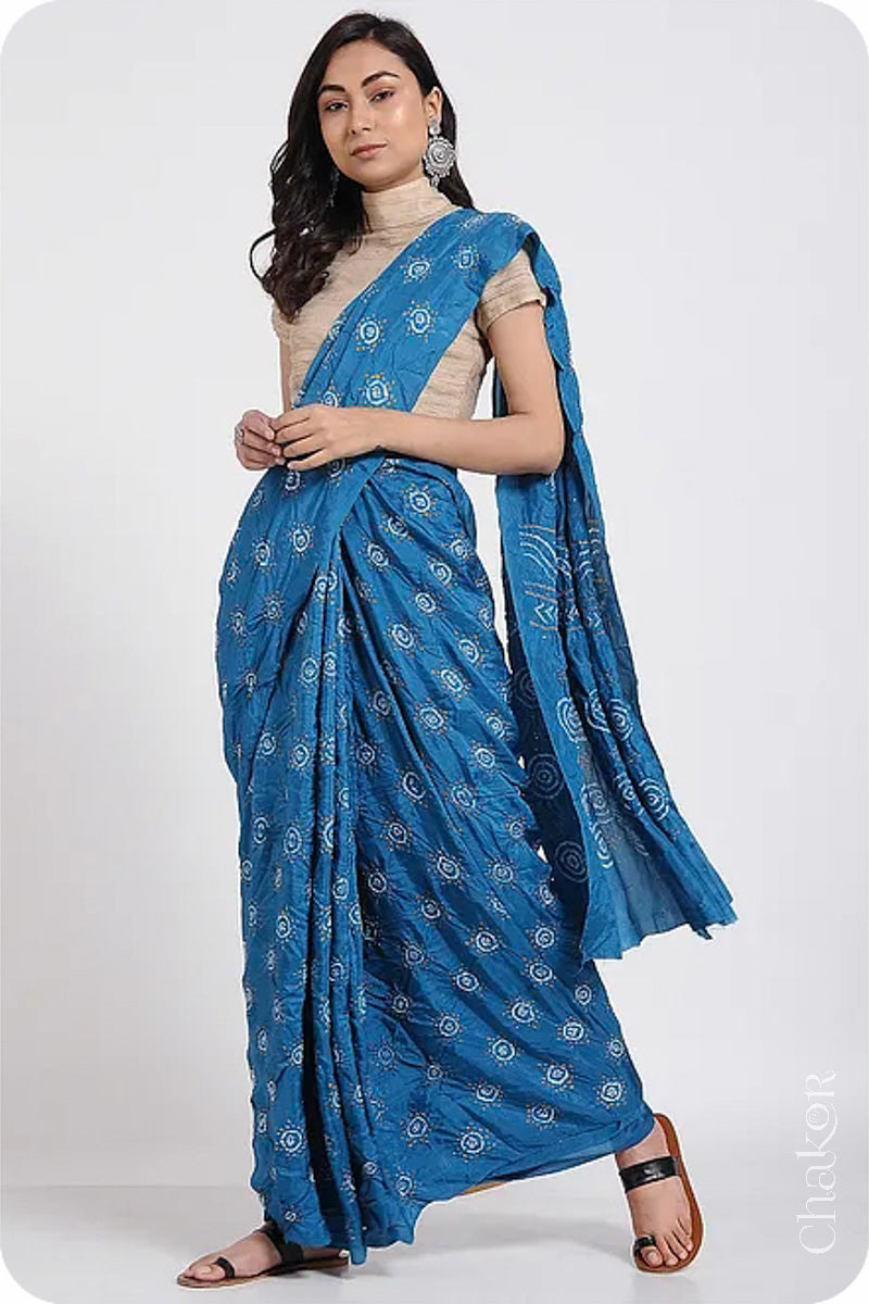 Chakor's traditional Indigo Blue bandhani embroidered mulberry silk saree.