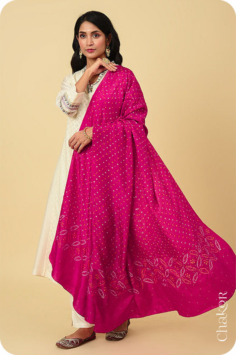 Pink Bandhani Mulberry Silk Dupatta