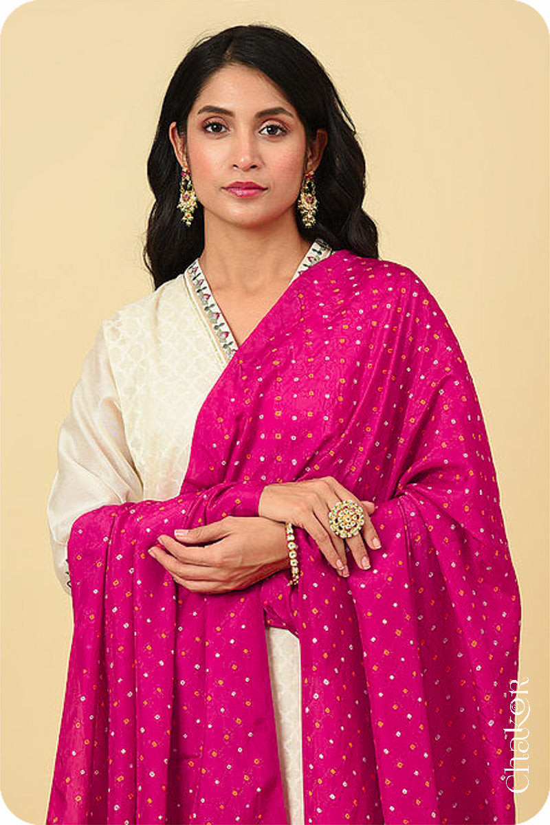 Pink Bandhani Mulberry Silk Dupatta