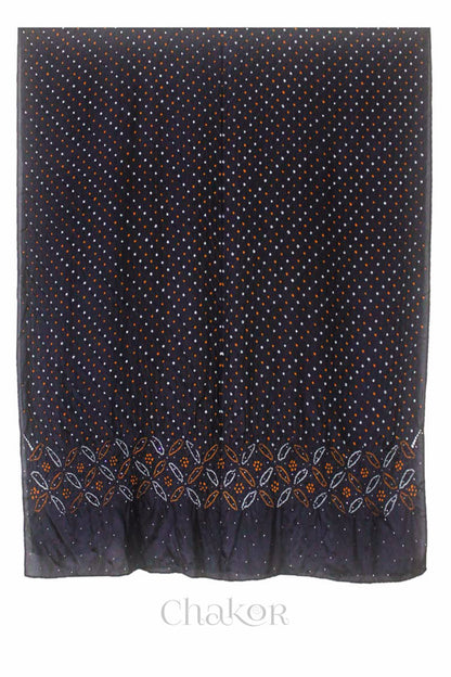 Full view of black Bandhani mulberry silk dupatta with multi colour tie-dye dot pattern & detailed with mukaish work &  Bead edging.