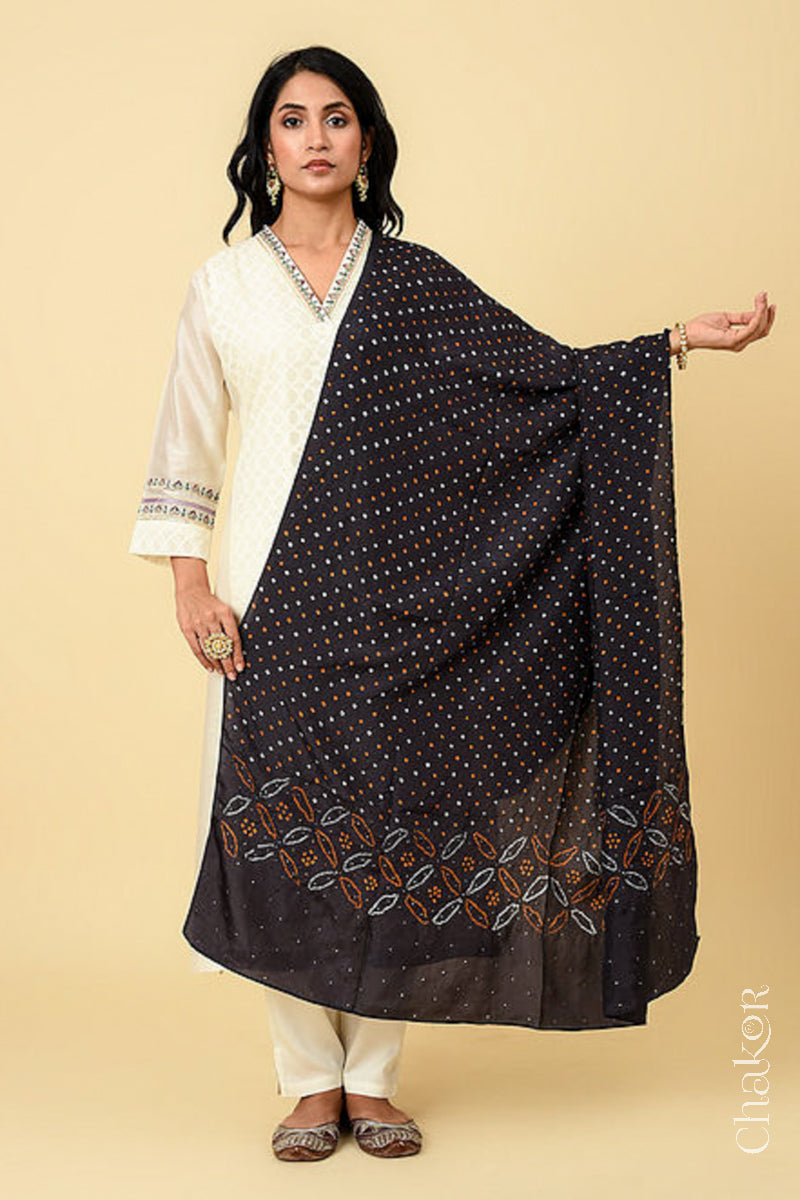 Black Bandhani Mulberry Silk Dupatta