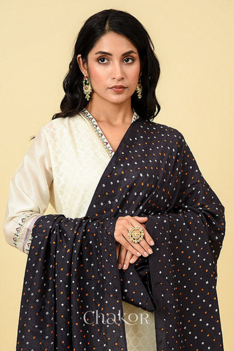 Black Bandhani Mulberry Silk Dupatta