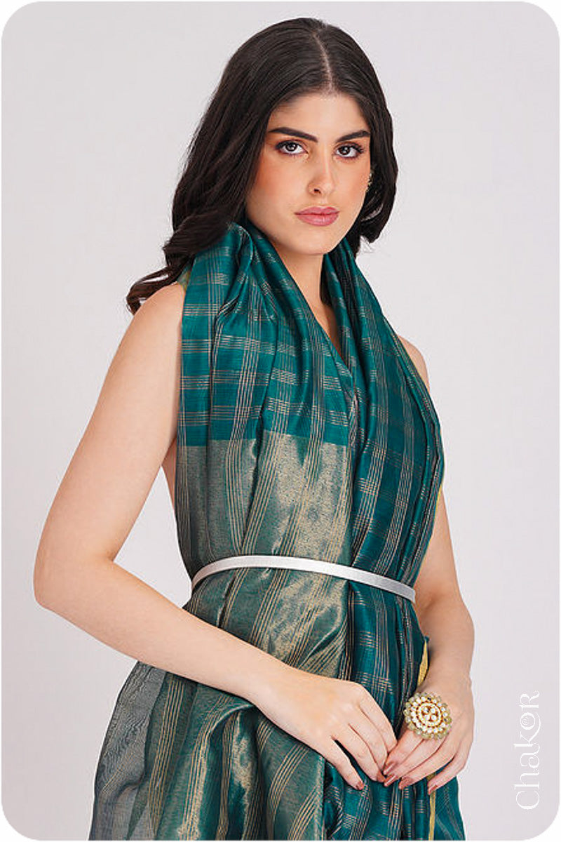 Chakor's Green Handloom Silk Cotton Saree with woven fine zari checks & tissue pallu.