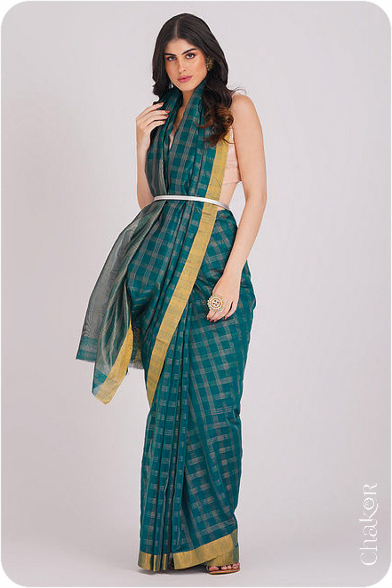 Chakor's Green Handloom Silk Cotton Saree with woven fine zari checks & tissue pallu.