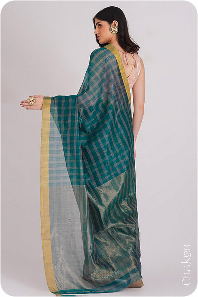 Chakor's Green Handloom Silk Cotton Saree with woven fine zari checks & tissue pallu.