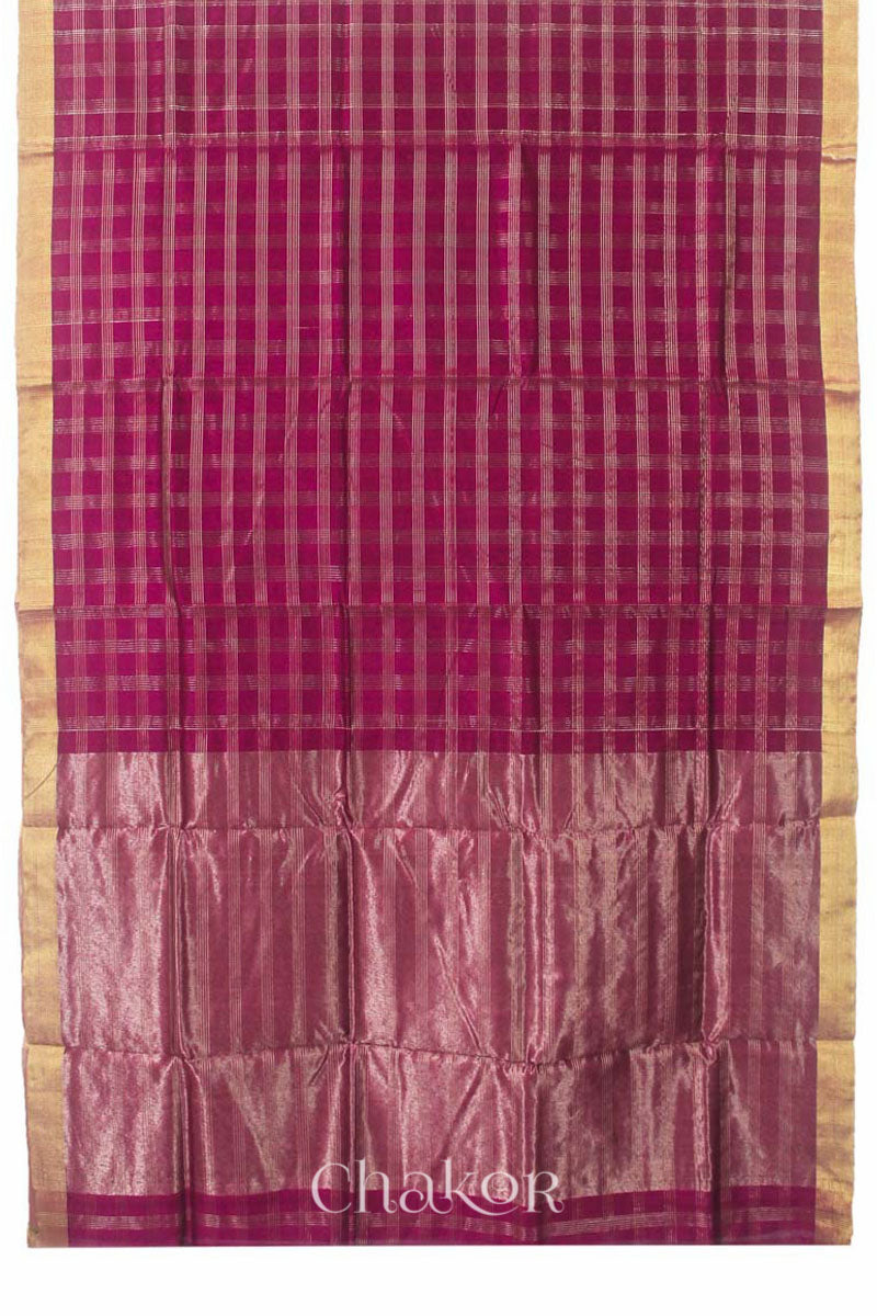 Chakor's Magenta Handloom Silk Cotton Saree with woven fine zari checks & tissue pallu.