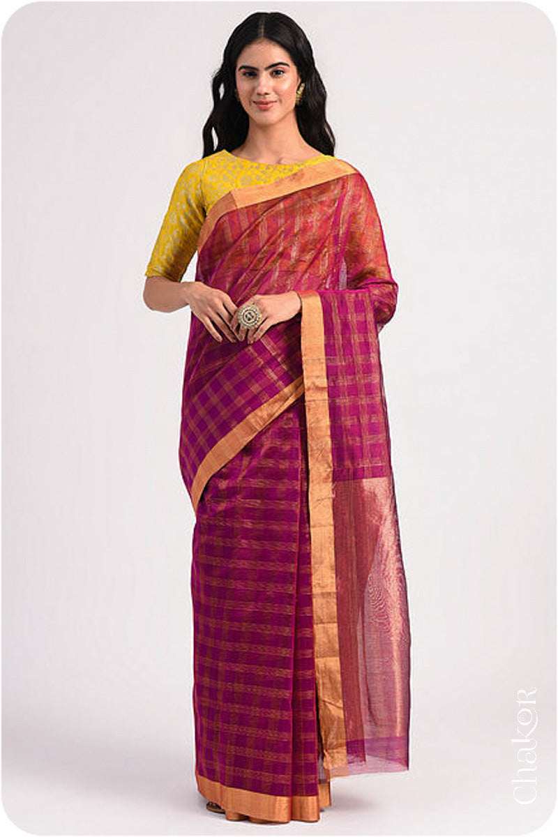 Chakor's Magenta Handloom Silk Cotton Saree with woven fine zari checks & tissue pallu.