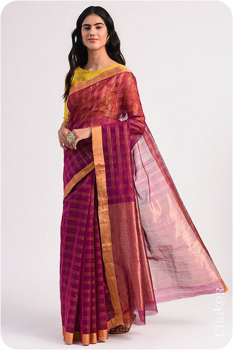 Chakor's Magenta Handloom Silk Cotton Saree with woven fine zari checks & tissue pallu.