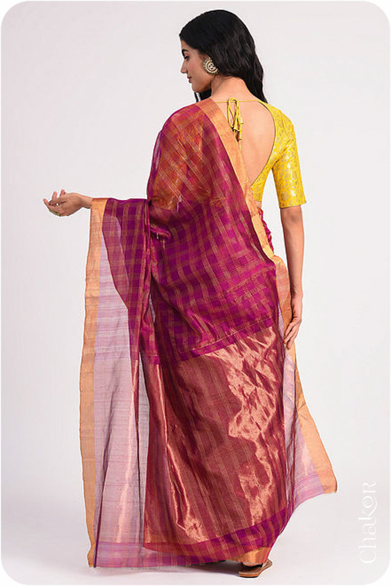 Chakor's Magenta Handloom Silk Cotton Saree with woven fine zari checks & tissue pallu.