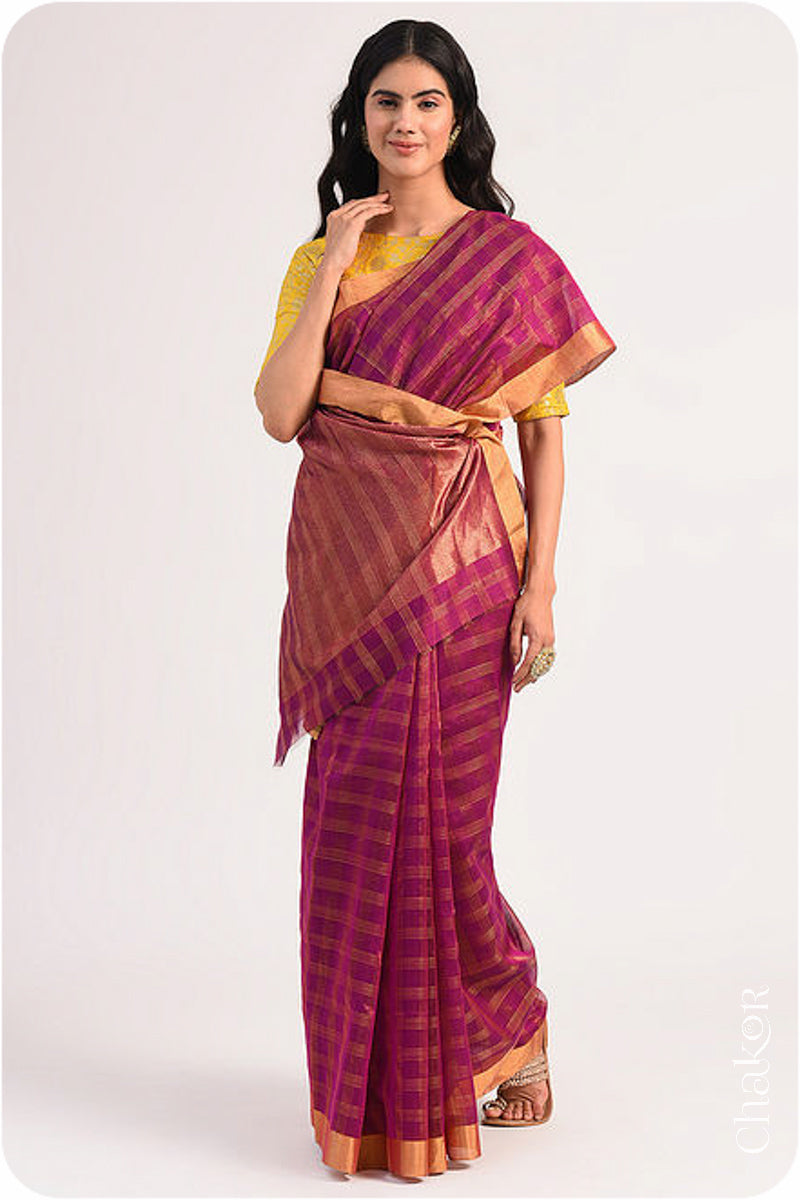 Chakor's Magenta Handloom Silk Cotton Saree with woven fine zari checks & tissue pallu.