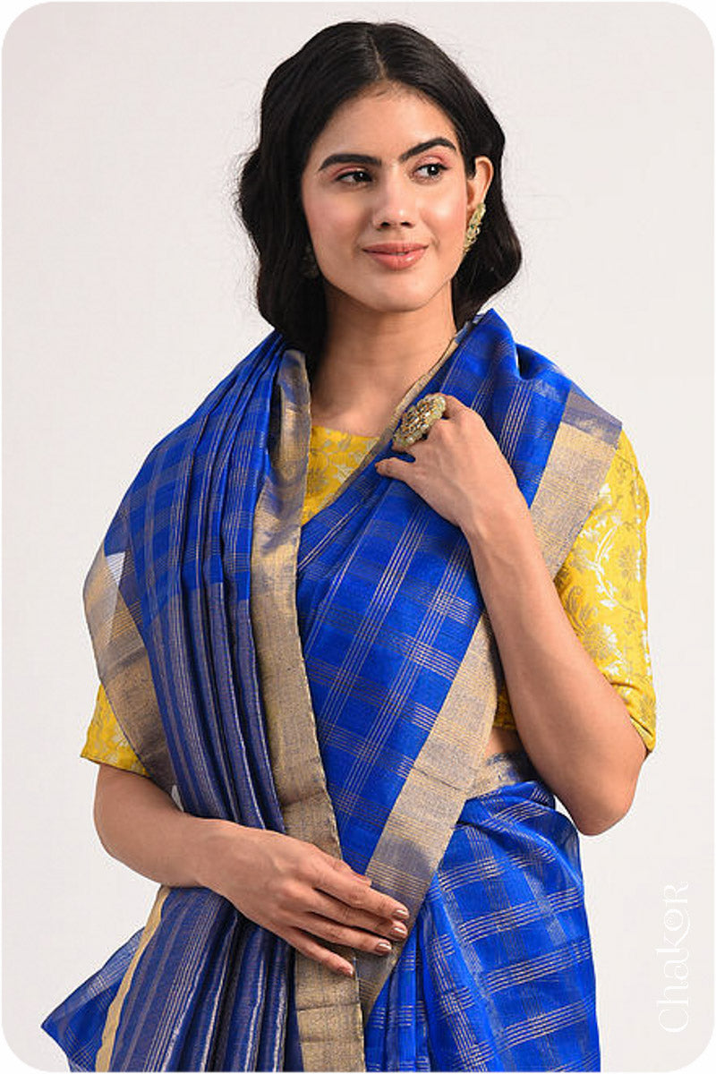 Chakor's Blue Handloom Silk Cotton Saree with woven fine zari checks & tissue pallu.