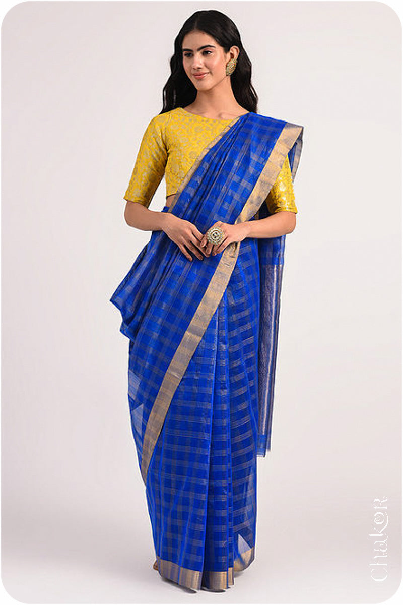 Chakor's Blue Handloom Silk Cotton Saree with woven fine zari checks & tissue pallu.