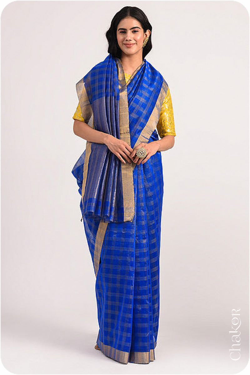 Chakor's Blue Handloom Silk Cotton Saree with woven fine zari checks & tissue pallu.