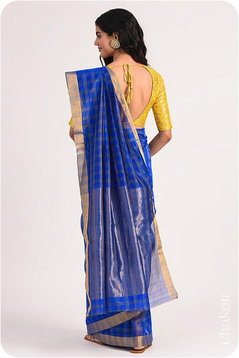 Chakor's Blue Handloom Silk Cotton Saree with woven fine zari checks & tissue pallu.