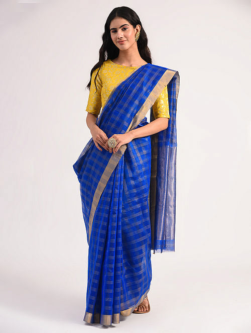 Chakor's Blue Handloom Silk Cotton Saree with woven fine zari checks & tissue pallu.