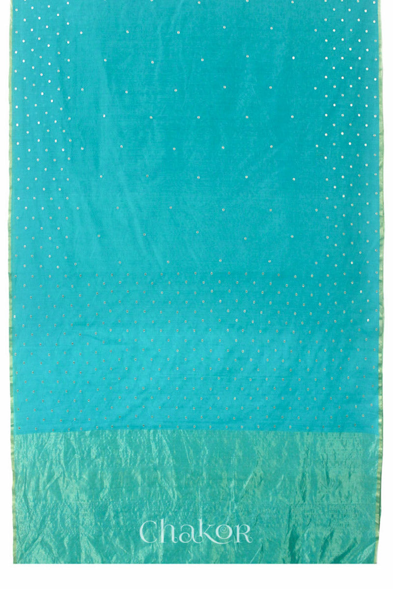 Chakor's Peacock Blue Handloom Silk Cotton Saree with woven tissue pallu & delicate sequin work buttis.