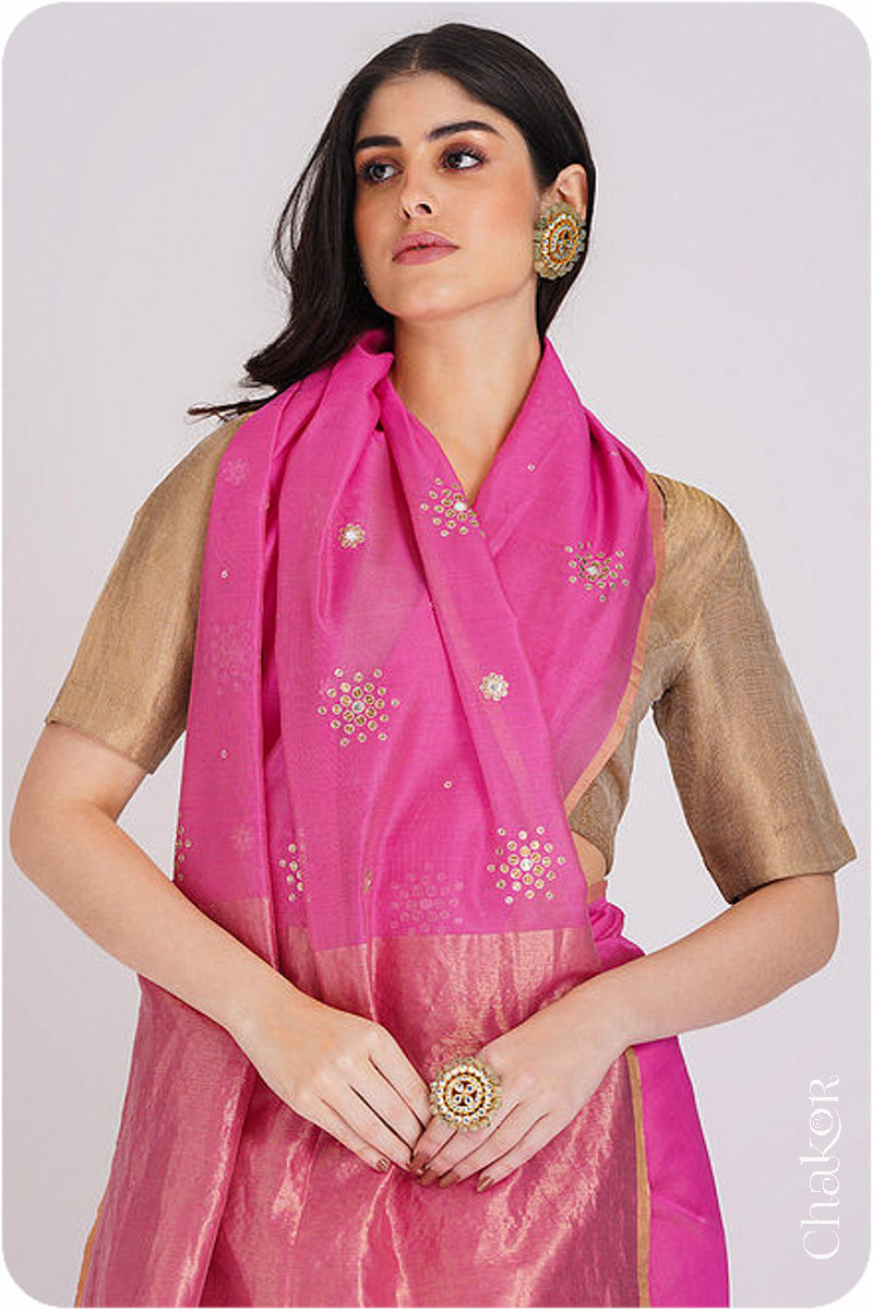 Chakor's Pink Handloom Silk Cotton Saree with woven tissue pallu & delicate sequin work buttis.