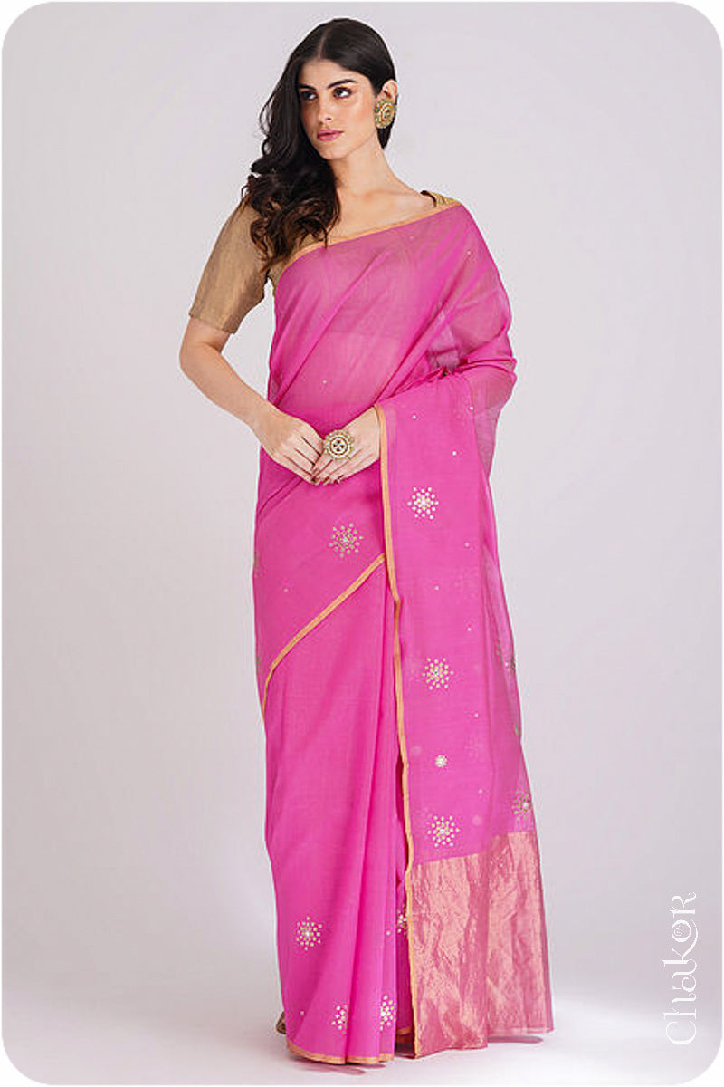 Chakor's Pink Handloom Silk Cotton Saree with woven tissue pallu & delicate sequin work buttis.