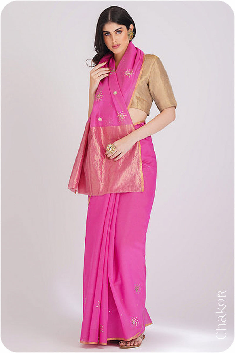 Chakor's Pink Handloom Silk Cotton Saree with woven tissue pallu & delicate sequin work buttis.