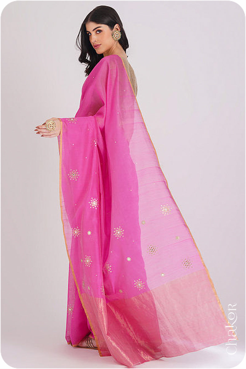 Chakor's Pink Handloom Silk Cotton Saree with woven tissue pallu & delicate sequin work buttis.