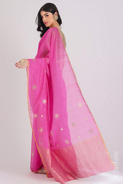 Chakor's Pink Handloom Silk Cotton Saree with woven tissue pallu & delicate sequin work buttis.