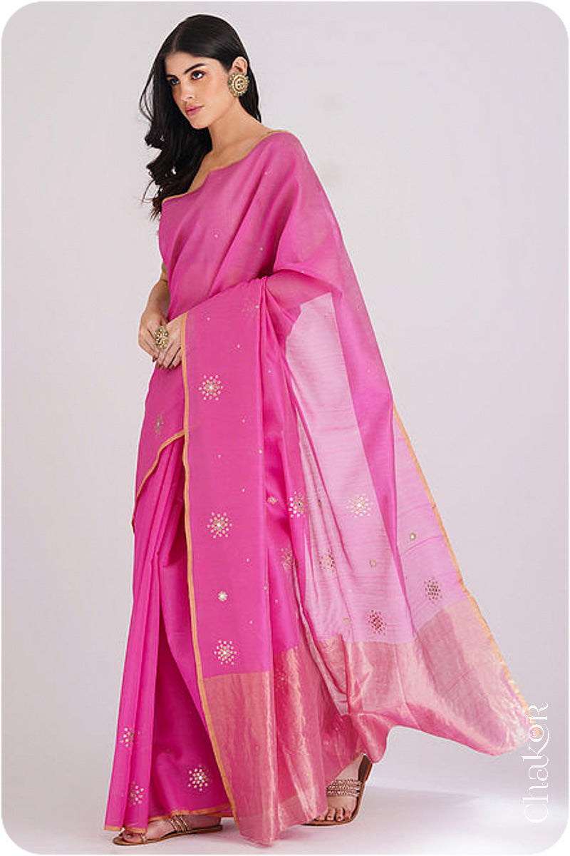 Chakor's Pink Handloom Silk Cotton Saree with woven tissue pallu & delicate sequin work buttis.