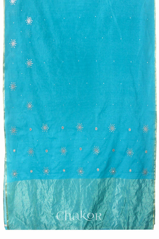 Chakor's Peacock Blue Handloom Silk Cotton Saree with woven tissue pallu & delicate sequin work buttis.